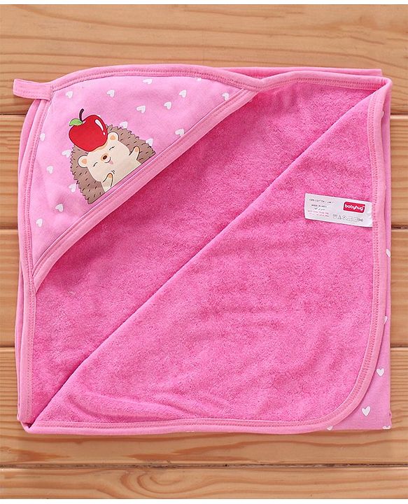 Babyhug Cotton Terry Knit Hedgehog Print Two Layer Towel with Hood L 76 x B 76 cm - Pink