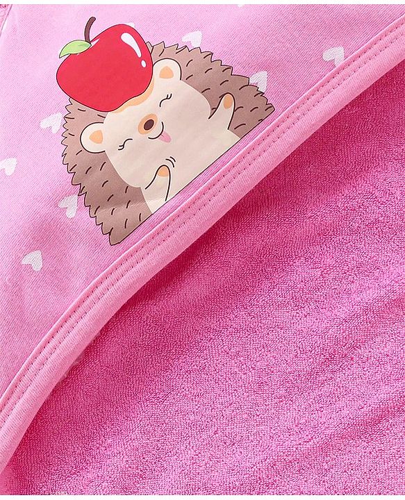 Babyhug Cotton Terry Knit Hedgehog Print Two Layer Towel with Hood L 76 x B 76 cm - Pink