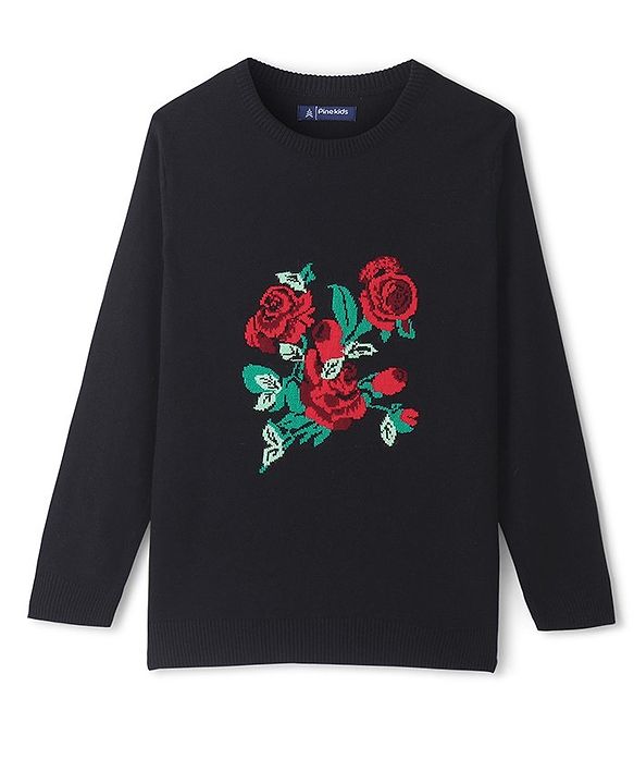 Pine Kids  Full Sleeves Jaquard Sweater Floral Design - Black