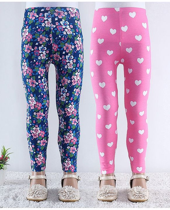 Babyhug Cotton Lycra Knit Full Length Hearts & Floral Printed Leggings Pack of 2 - Multicolour
