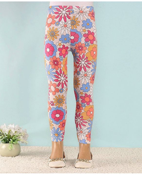 Babyhug Cotton Lycra Full Length Leggings With Stretch Floral Print Pack of 2 - Multicolor