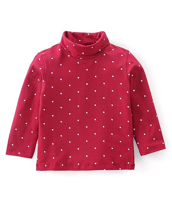 Babyhug Cotton Knit Full Sleeves Skivi Tee with Polka Dots Print - Maroon