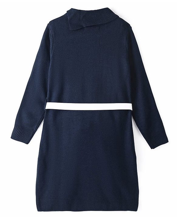 Pine Kids Full Sleeves Fine Knit Solid Woolen Dress with Belt - Navy