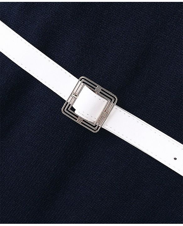 Pine Kids Full Sleeves Fine Knit Solid Woolen Dress with Belt - Navy