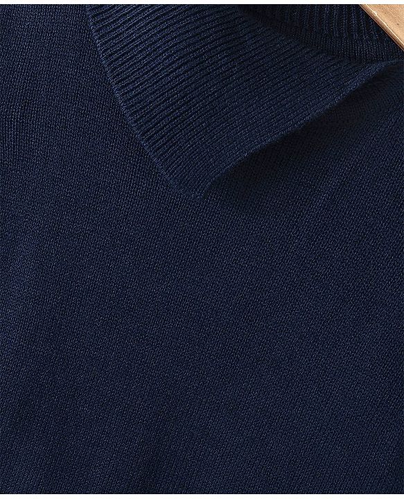 Pine Kids Full Sleeves Fine Knit Solid Woolen Dress with Belt - Navy