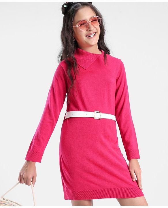 Pine Kids Full Sleeves Fine Knit Solid Color Sweater Dress with Belt - Pink