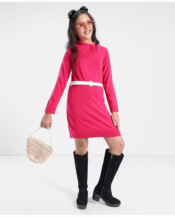 Pine Kids Full Sleeves Fine Knit Solid Color Sweater Dress with Belt - Pink