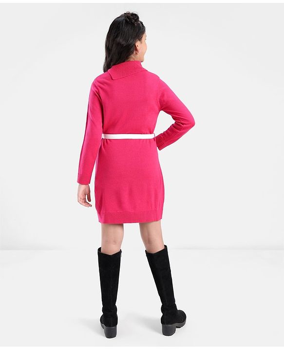 Pine Kids Full Sleeves Fine Knit Solid Color Sweater Dress with Belt - Pink
