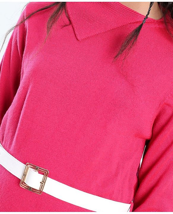 Pine Kids Full Sleeves Fine Knit Solid Color Sweater Dress with Belt - Pink