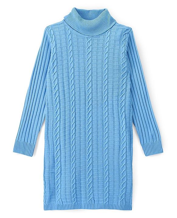 Pine Kids Full Sleeves Cable Knit Sweater Dress - Light Blue