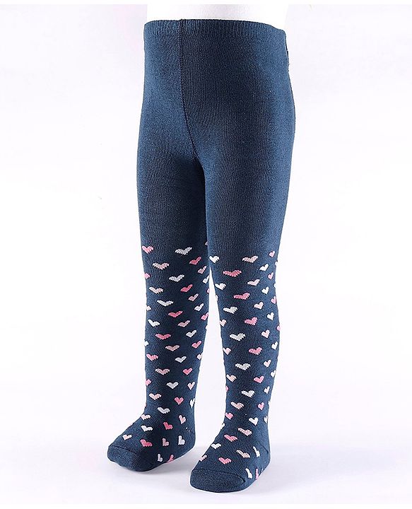 Cute Walk by Babyhug Non Terry Footed Anti Bacterial Heart Design Tights  - Navy Blue