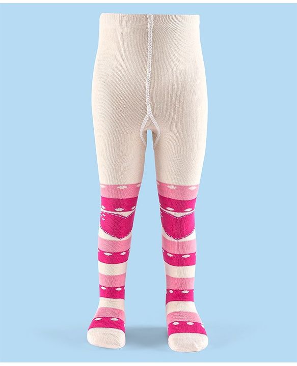 Cutewalk by Babyhug Non Terry Footed Anti Bacterial Stripes Design Tights  - White & Pink