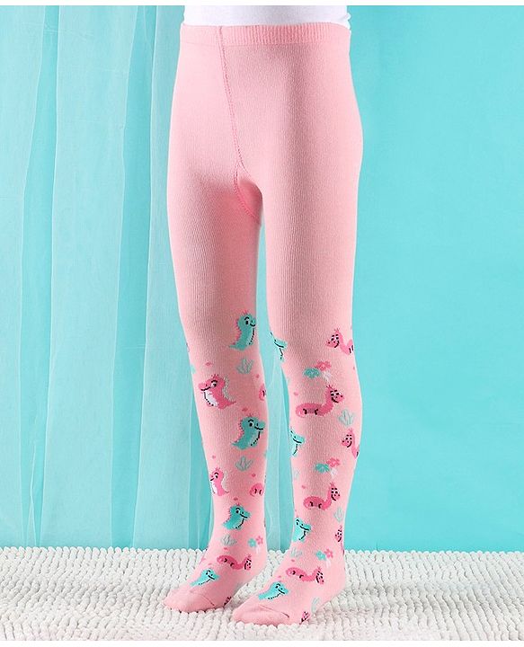Cute Walk by Babyhug Non Terry Footed Anti Bacterial Dino Design Tights  - Pink