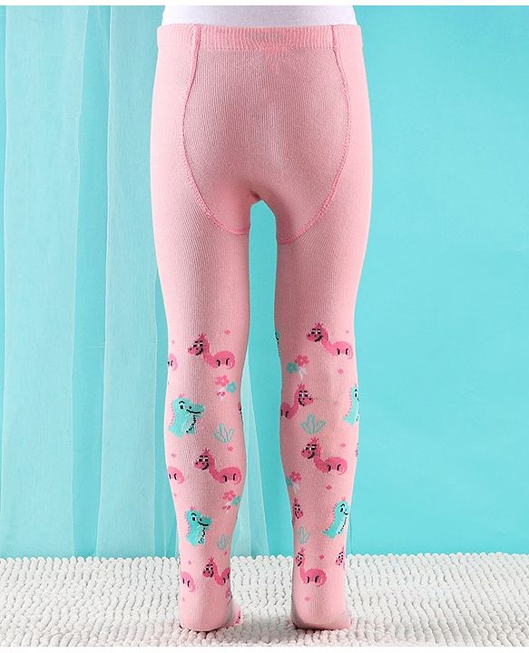 Cute Walk by Babyhug Non Terry Footed Anti Bacterial Dino Design Tights  - Pink
