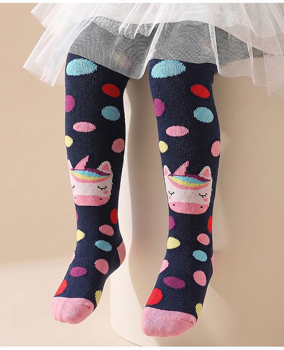 Cute Walk by Babyhug Non Terry Footed Anti Bacterial Unicorn Design Tights  - Navy Blue