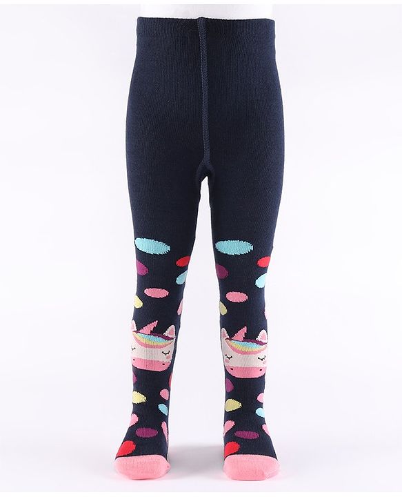 Cute Walk by Babyhug Non Terry Footed Anti Bacterial Unicorn Design Tights  - Navy Blue