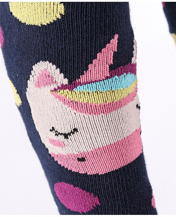 Cute Walk by Babyhug Non Terry Footed Anti Bacterial Unicorn Design Tights  - Navy Blue