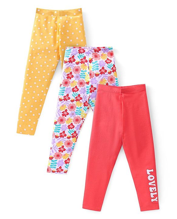 Babyhug Cotton Lycra Full Length Polka Dots & Floral Printed Leggings Pack of 3 - Multicolour