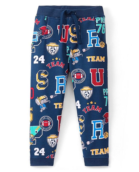 Babyhug Full Length Cotton Looper Lounge Pant Varsity Print - Navy Blue