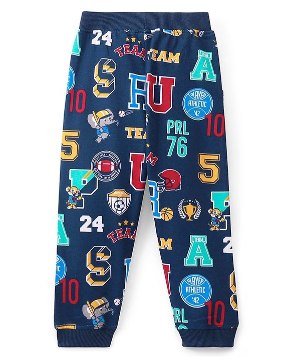 Babyhug Full Length Cotton Looper Lounge Pant Varsity Print - Navy Blue