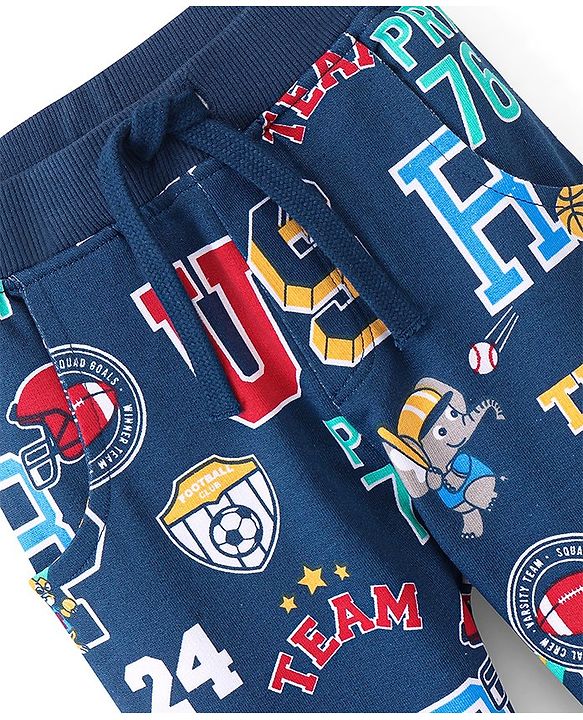 Babyhug Full Length Cotton Looper Lounge Pant Varsity Print - Navy Blue