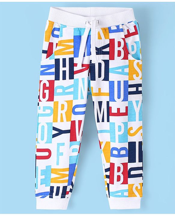 Babyhug Cotton Looper Alphabets Printed Full Length Lounge Pant - White