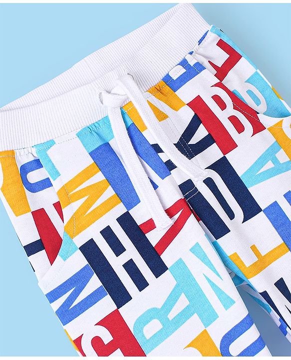 Babyhug Cotton Looper Alphabets Printed Full Length Lounge Pant - White