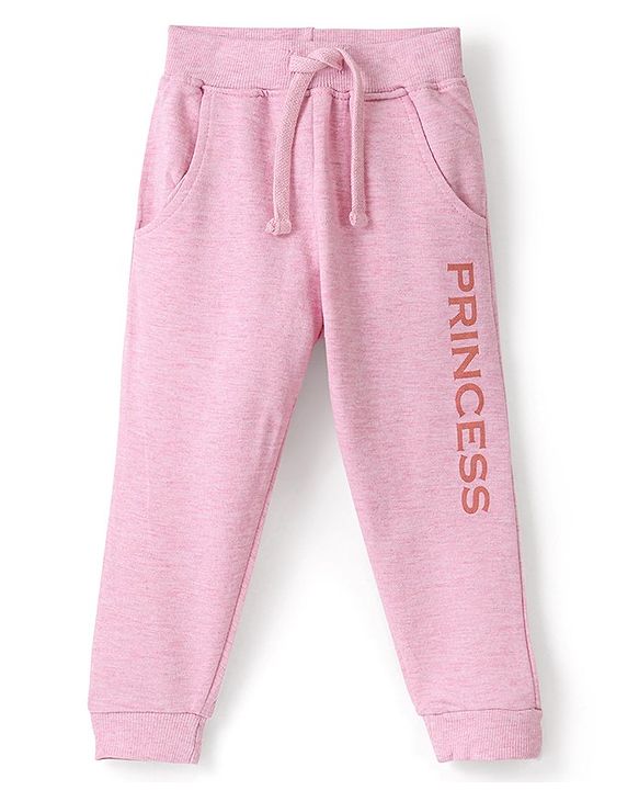 Babyhug Cotton Looper Knit Full Length Track Pant Text Print - Pink