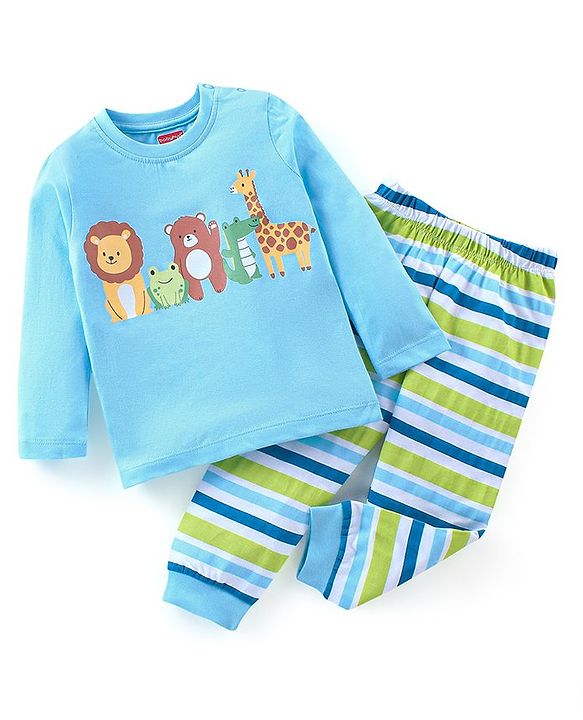 Babyhug Cotton Knit Full Sleeves Wild Animals Printed Night Suit - Blue