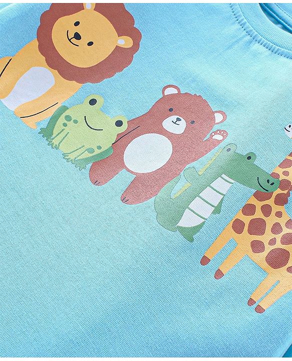 Babyhug Cotton Knit Full Sleeves Wild Animals Printed Night Suit - Blue