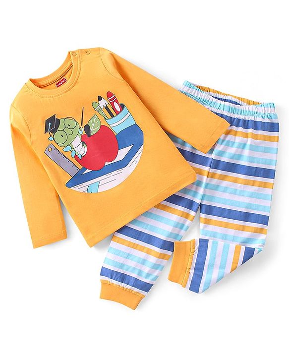 Babyhug Cotton Knit Full Sleeves Night Suit With Caterpillar Print - Yellow