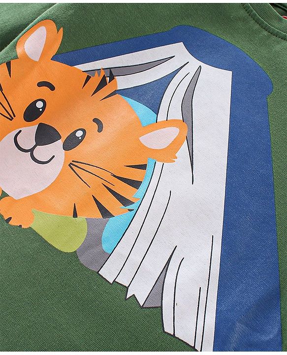 Babyhug Cotton Knit Full Sleeves Tiger Printed Night Suit - Green
