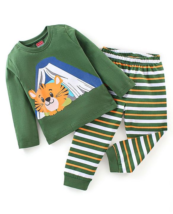 Babyhug Cotton Knit Full Sleeves Tiger Printed Night Suit - Green
