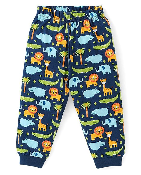 Babyhug Cotton Knit Full Sleeves Lion & Giraffe  Printed Night Suit - Blue