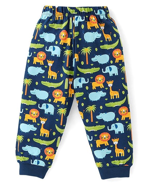 Babyhug Cotton Knit Full Sleeves Lion & Giraffe  Printed Night Suit - Blue