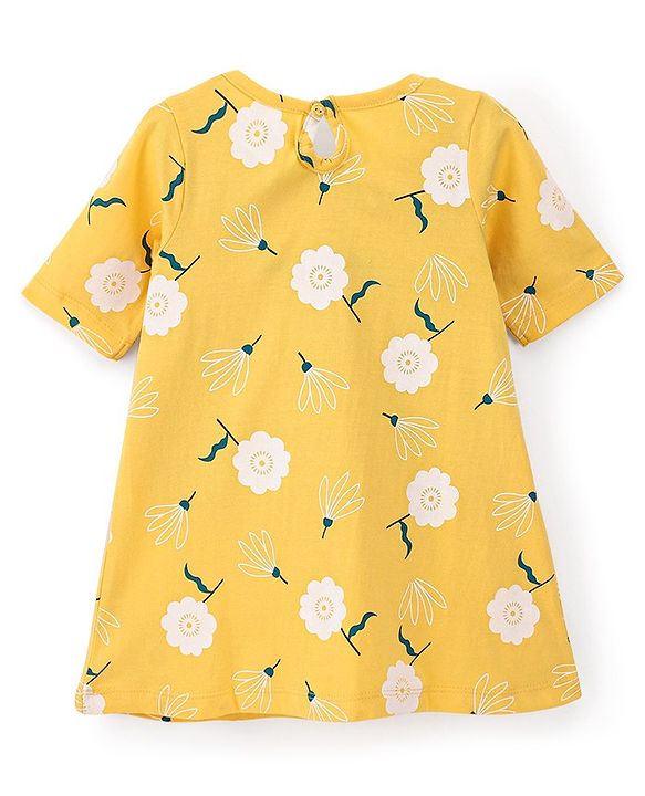Babyhug Cotton Knit Half Sleeves Floral Printed Nighty - Yellow