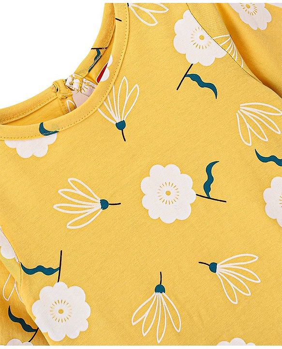 Babyhug Cotton Knit Half Sleeves Floral Printed Nighty - Yellow