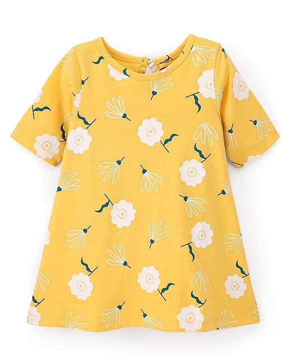 Babyhug Cotton Knit Half Sleeves Floral Printed Nighty - Yellow