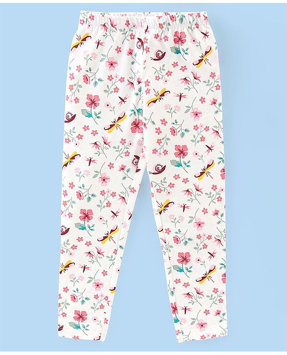 Babyhug Cotton Lycra Full Length Leggings Floral Print Pack of 3 - White Pink & Red