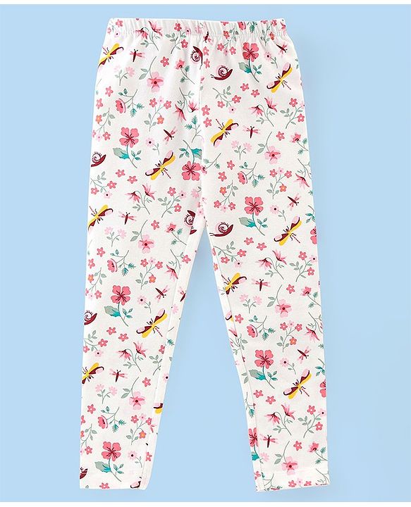 Babyhug Cotton Lycra Full Length Leggings Floral Print Pack of 3 - White Pink & Red