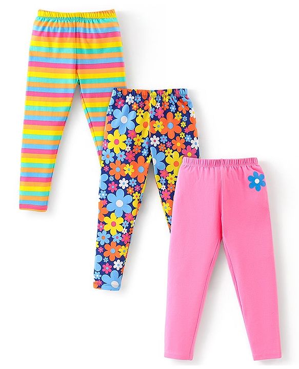 Babyhug Cotton Lycra Full Length Stretchable Legging Stripes & Floral Print Pack Of 3 - Pink Blue & Yellow