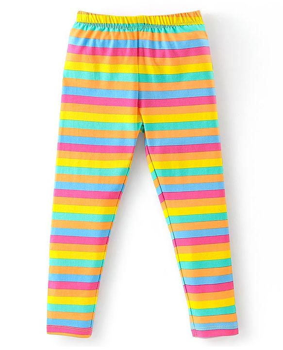 Babyhug Cotton Lycra Full Length Stretchable Legging Stripes & Floral Print Pack Of 3 - Pink Blue & Yellow