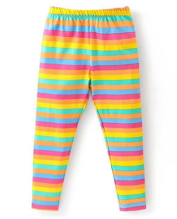 Babyhug Cotton Lycra Full Length Stretchable Legging Stripes & Floral Print Pack Of 3 - Pink Blue & Yellow