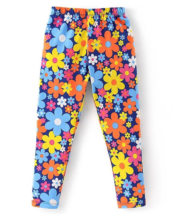 Babyhug Cotton Lycra Full Length Stretchable Legging Stripes & Floral Print Pack Of 3 - Pink Blue & Yellow