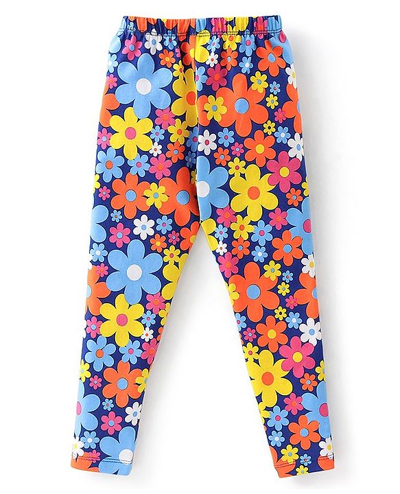Babyhug Cotton Lycra Full Length Stretchable Legging Stripes & Floral Print Pack Of 3 - Pink Blue & Yellow