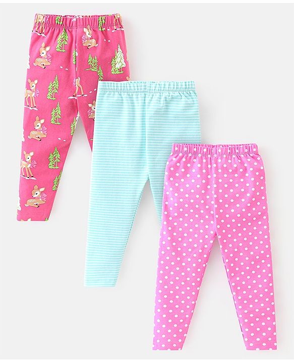 Babyhug Cotton Lycra Knit Full Length Leggings with Stretch & Heart Print Pack of 3 - Pink & Blue