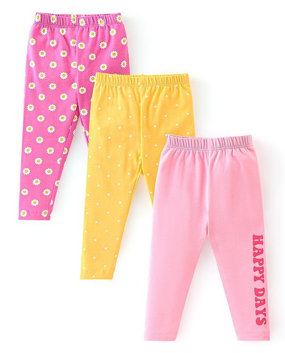 Babyhug Cotton Lycra Knit Full Length Leggings with Stretch & Floral Print Pack of 3 - Pink & Yellow