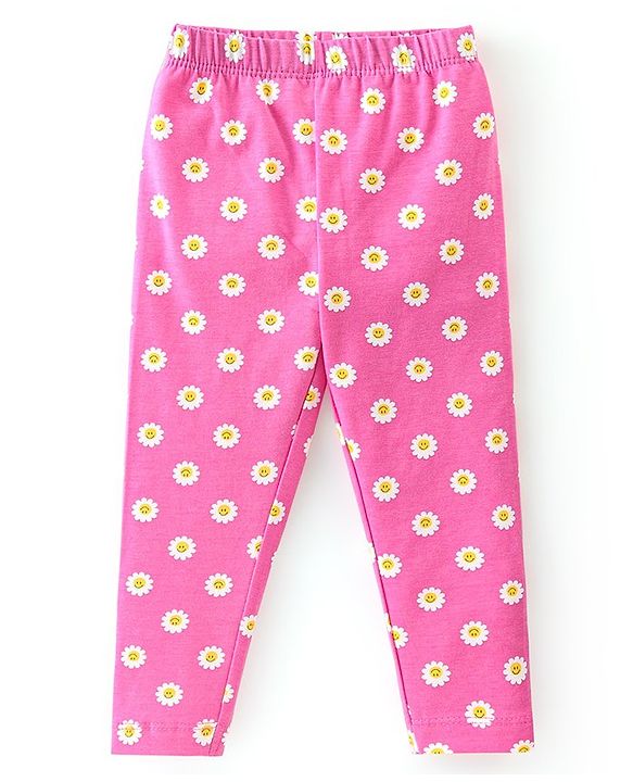 Babyhug Cotton Lycra Knit Full Length Leggings with Stretch & Floral Print Pack of 3 - Pink & Yellow