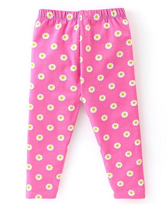 Babyhug Cotton Lycra Knit Full Length Leggings with Stretch & Floral Print Pack of 3 - Pink & Yellow