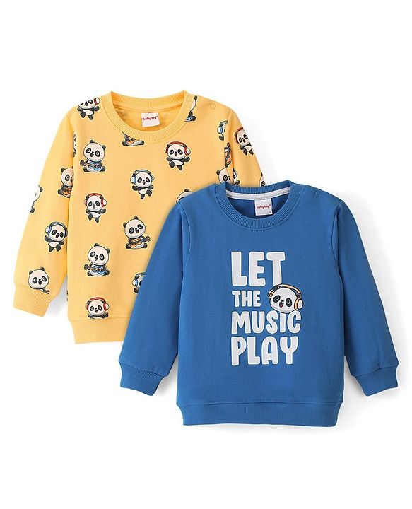 Babyhug Cotton Knit Full Sleeves Panda & Text Graphics Sweatshirts Pack of 2 - Blue & Yellow